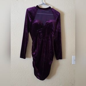 Emprada Deep Purple Velvet Long Sleeve Body Con Dress Size L.